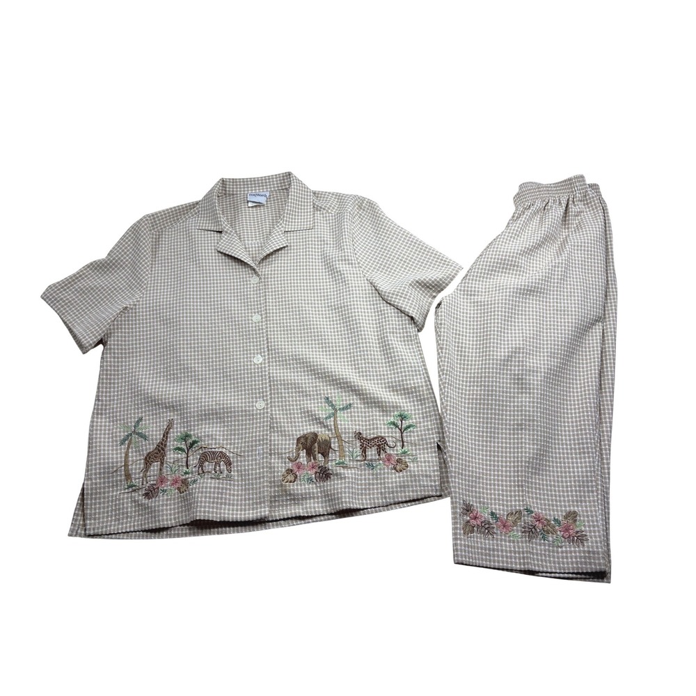 Vintage BonWorth Tan Gingham Safari Embroidered 2 Piece Set Womens small